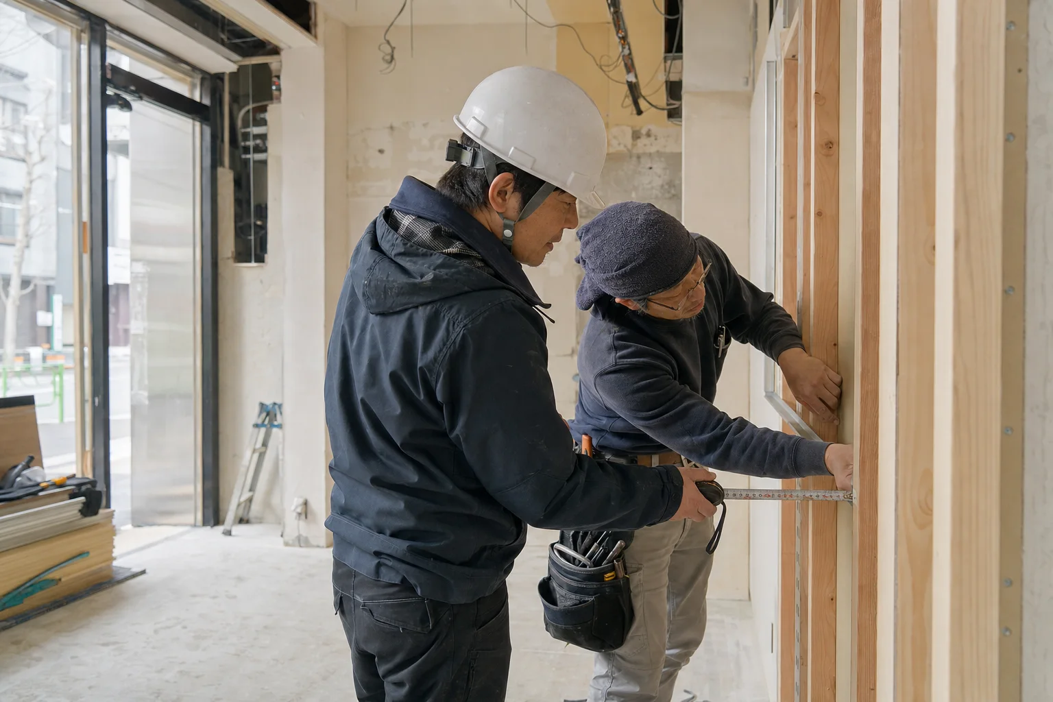内装改修現場で施工箇所の寸法を確認する技術者