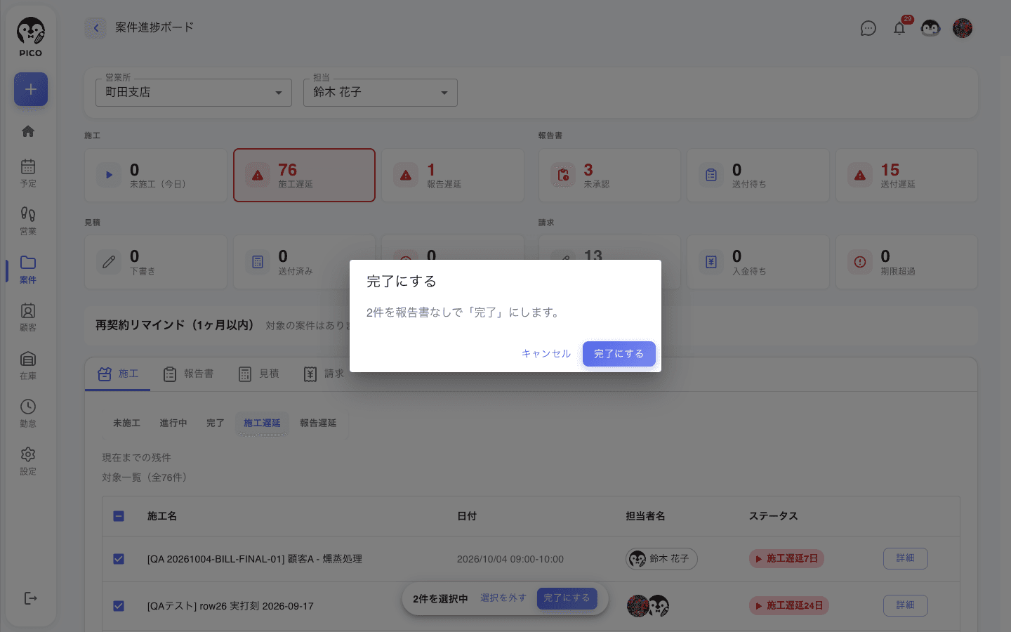 施工遅延の行を選んで「完了にする」を押したときの確認画面。「2件を報告書なしで「完了」にします。」と、キャンセル・完了にするのボタン