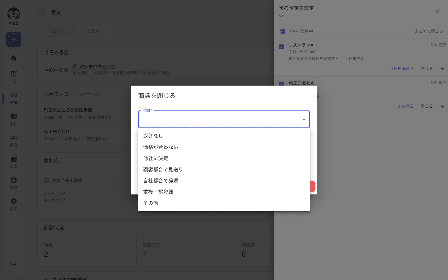 商談を閉じるダイアログ。理由の選択 (必須) に 返答なし / 価格が合わない / 他社に決定 / 顧客都合で見送り / 自社都合で辞退 / 重複・誤登録 / その他 のドロップダウン、補足の入力欄、確認する ボタン