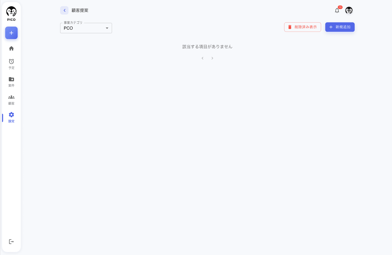 顧客提案画面。上部に事業カテゴリ ドロップダウン (PCO 選択中)、右上に削除済み表示・新規追加ボタン。定型文未登録時は「該当する項目がありません」と表示