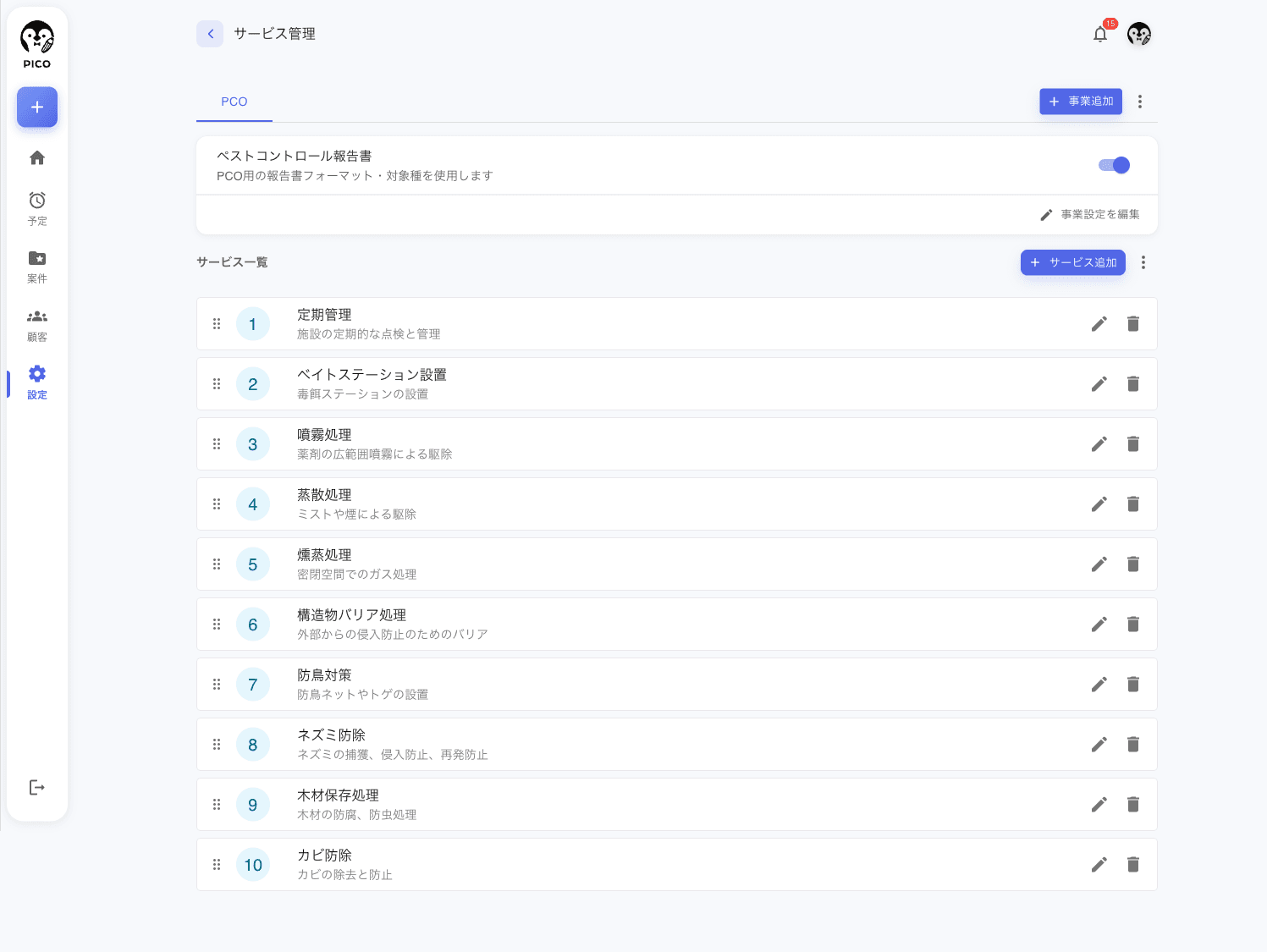 サービス管理画面。上部にカテゴリタブ (PCO / リフォーム / 清掃事業)、選択中カテゴリの「報告書テンプレート」表示 (適用テンプレ名または「未設定（会社デフォルトを使用）」) + 事業設定編集ボタン。サービス一覧に番号 + サービス名 (定期管理/ベイトステーション設置/噴霧処理/蒸散処理/燻蒸処理/構造物バリア処理/防鳥対策/ネズミ防除/木材保存処理/カビ防除) + ドラッグハンドル + 編集・削除アイコン
