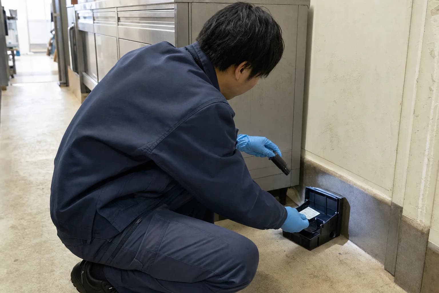 商業施設でトラップを点検する防除作業員の業務シーン
