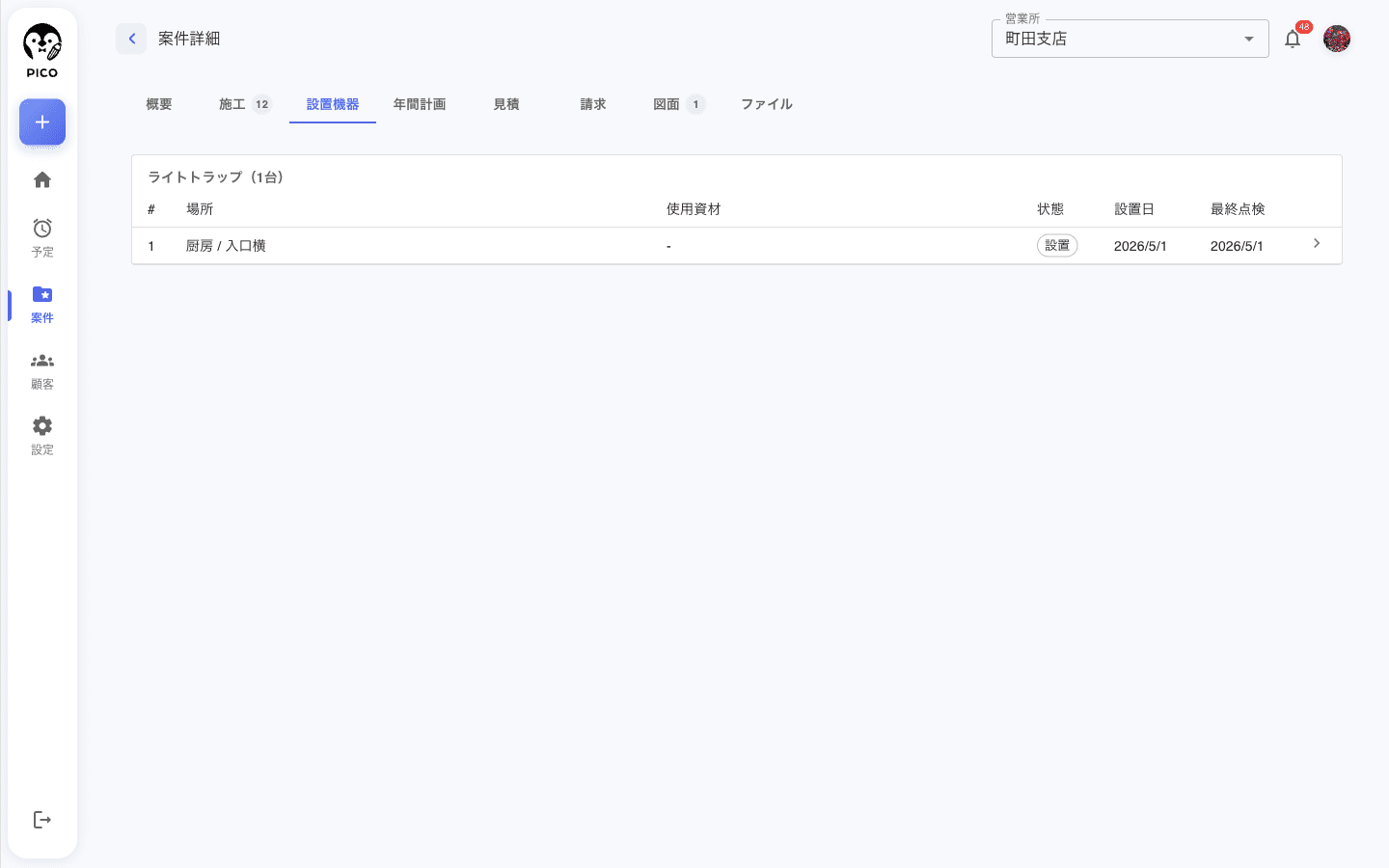 案件詳細の設置機器タブ